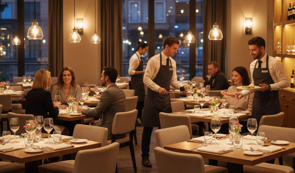Diners enjoying a phone-free meal in a modern restaurant, highlighting social interaction and enhanced dining experience.