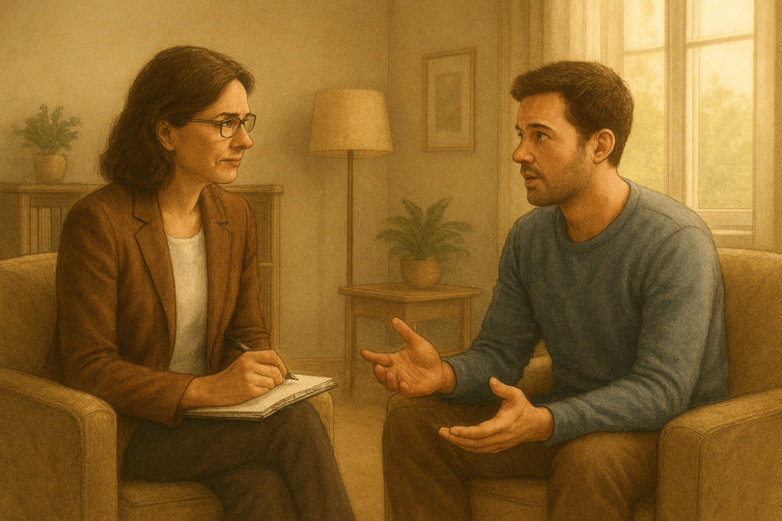 A therapist listening attentively to a client during a counseling session in a calm, welcoming office setting.