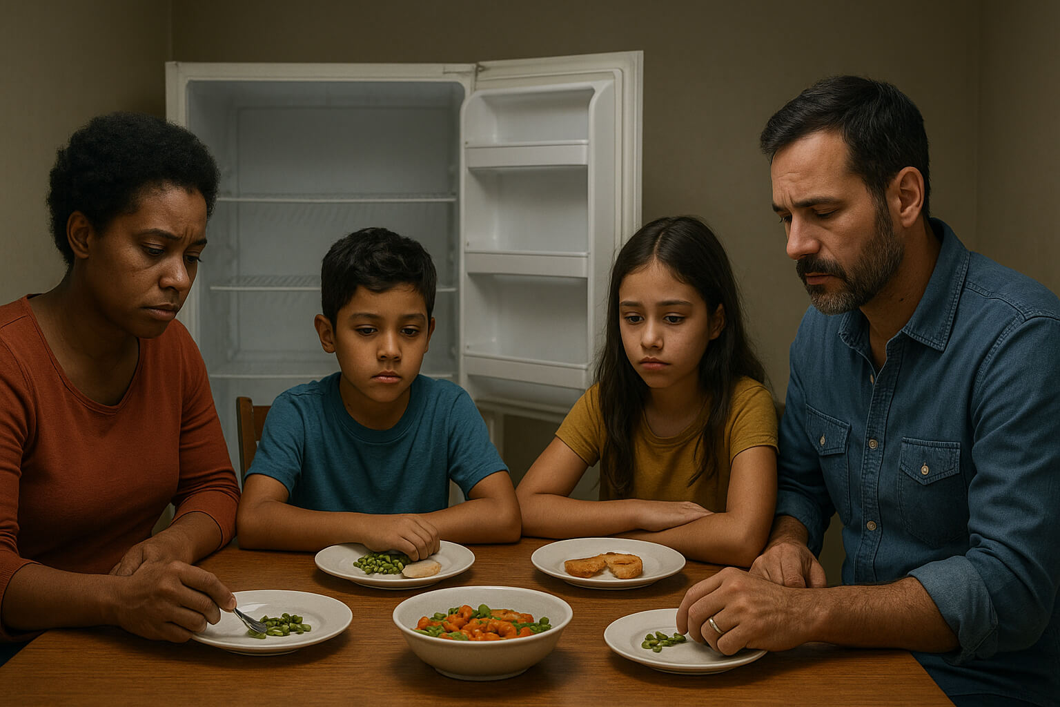 A family facing food insecurity with small meal portions, highlighting hunger and its impact on communities.
