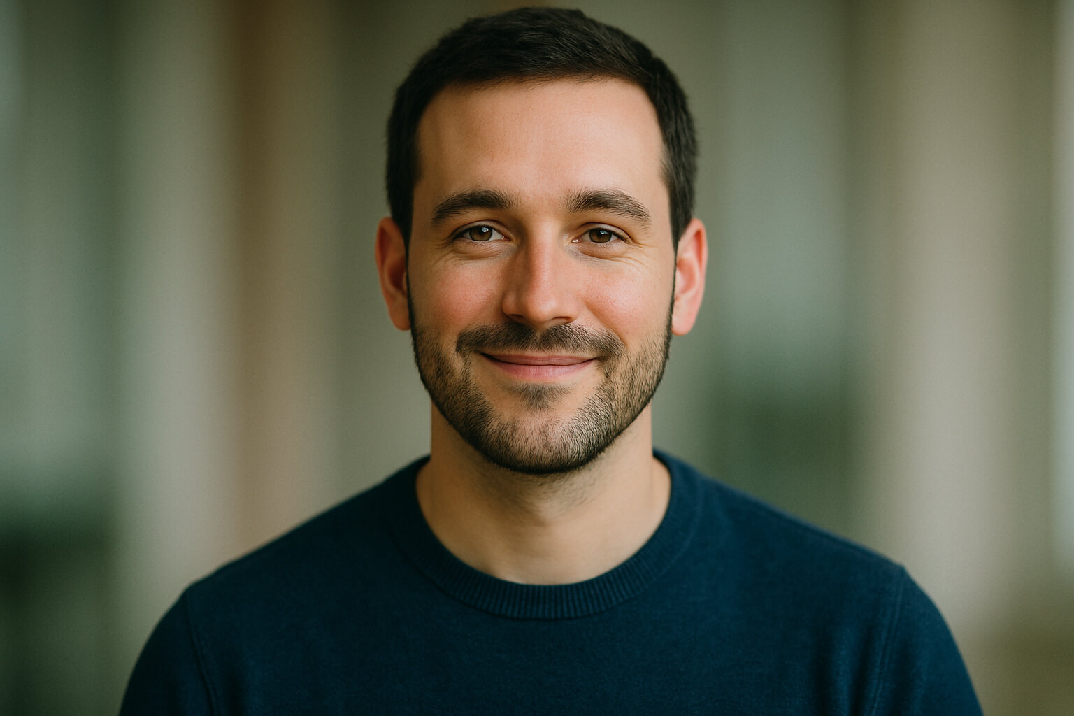 Professional headshot of a person with a soft smile, clear details, and blurred background.