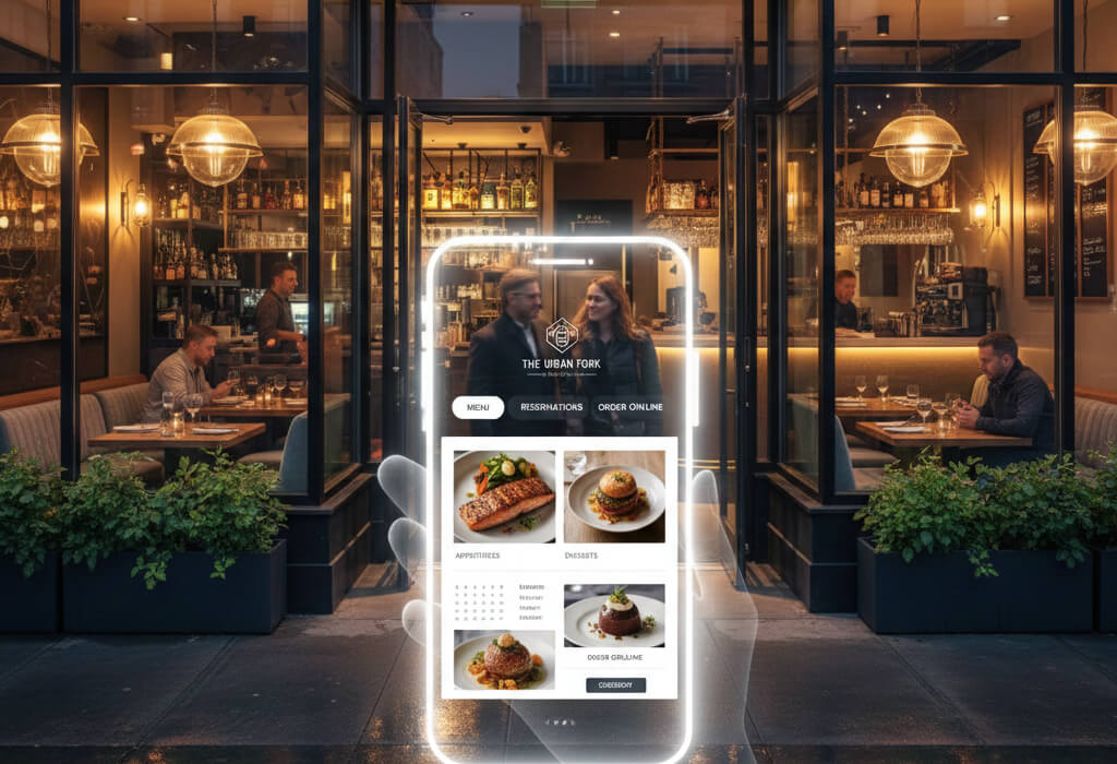 Restaurant website displayed on a smartphone acting as a digital front door for online menus, reservations, and ordering.