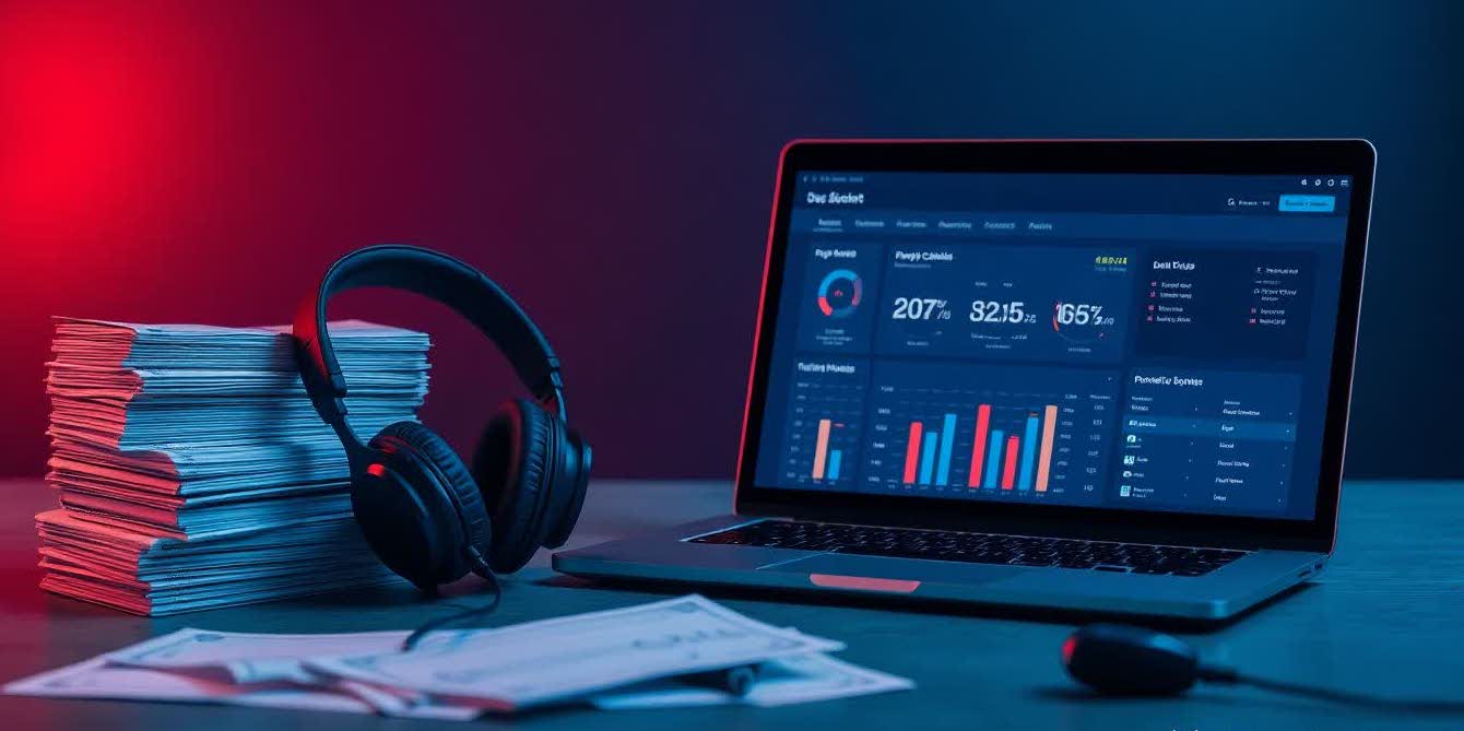 Laptop showing music royalty dashboard with headphones, checks, and music notes around it.