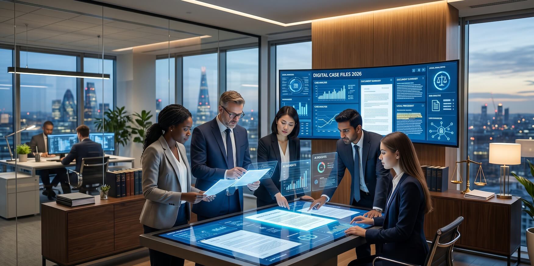AI solutions for legal firms in 2026 with lawyers using advanced legal technology in a modern office