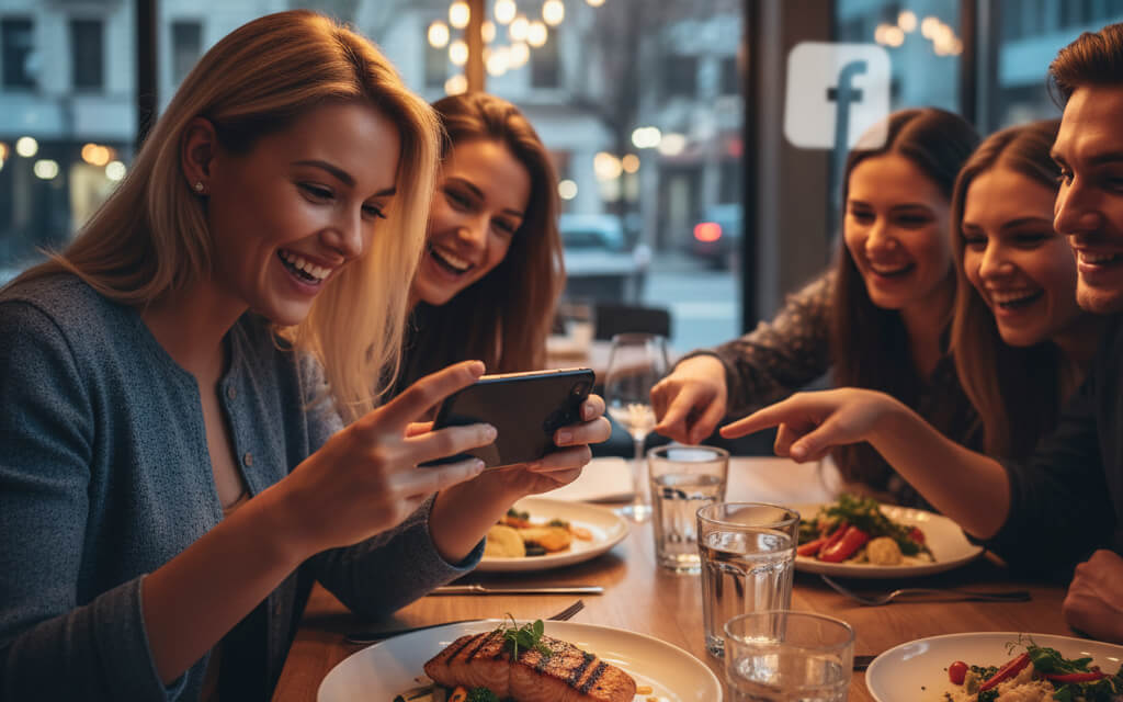 Diners sharing food photos at a restaurant to promote via word-of-mouth marketing