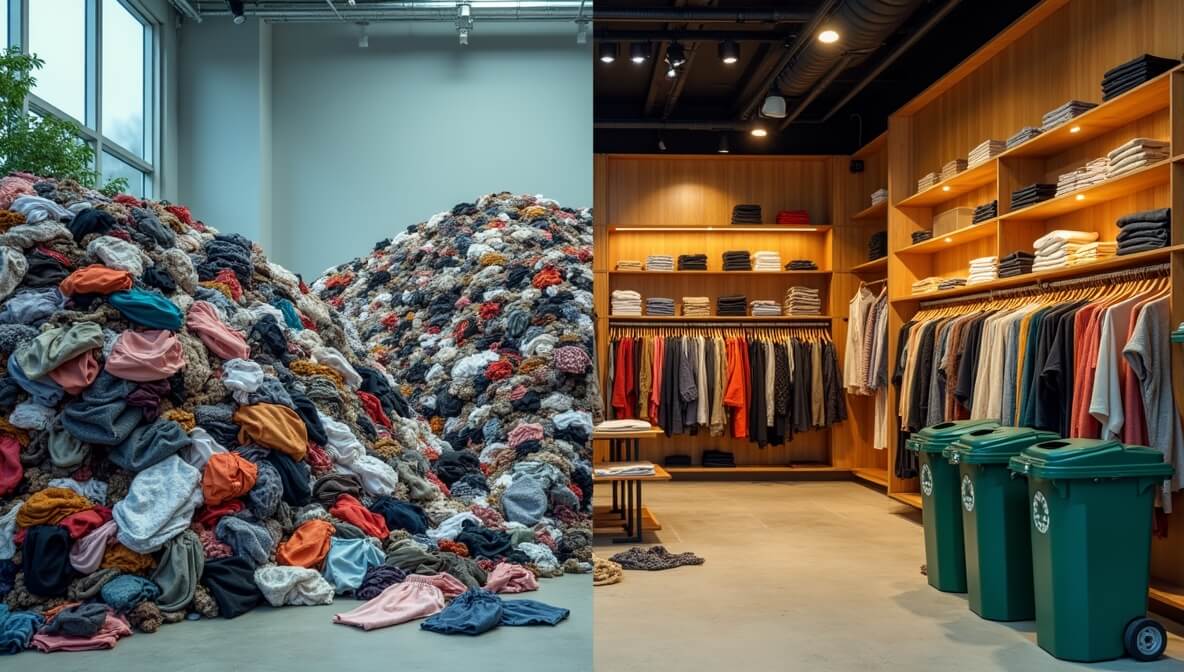 Overflowing clothing waste contrasted with sustainable fashion practices, symbolizing the environmental impact of fast fashion.