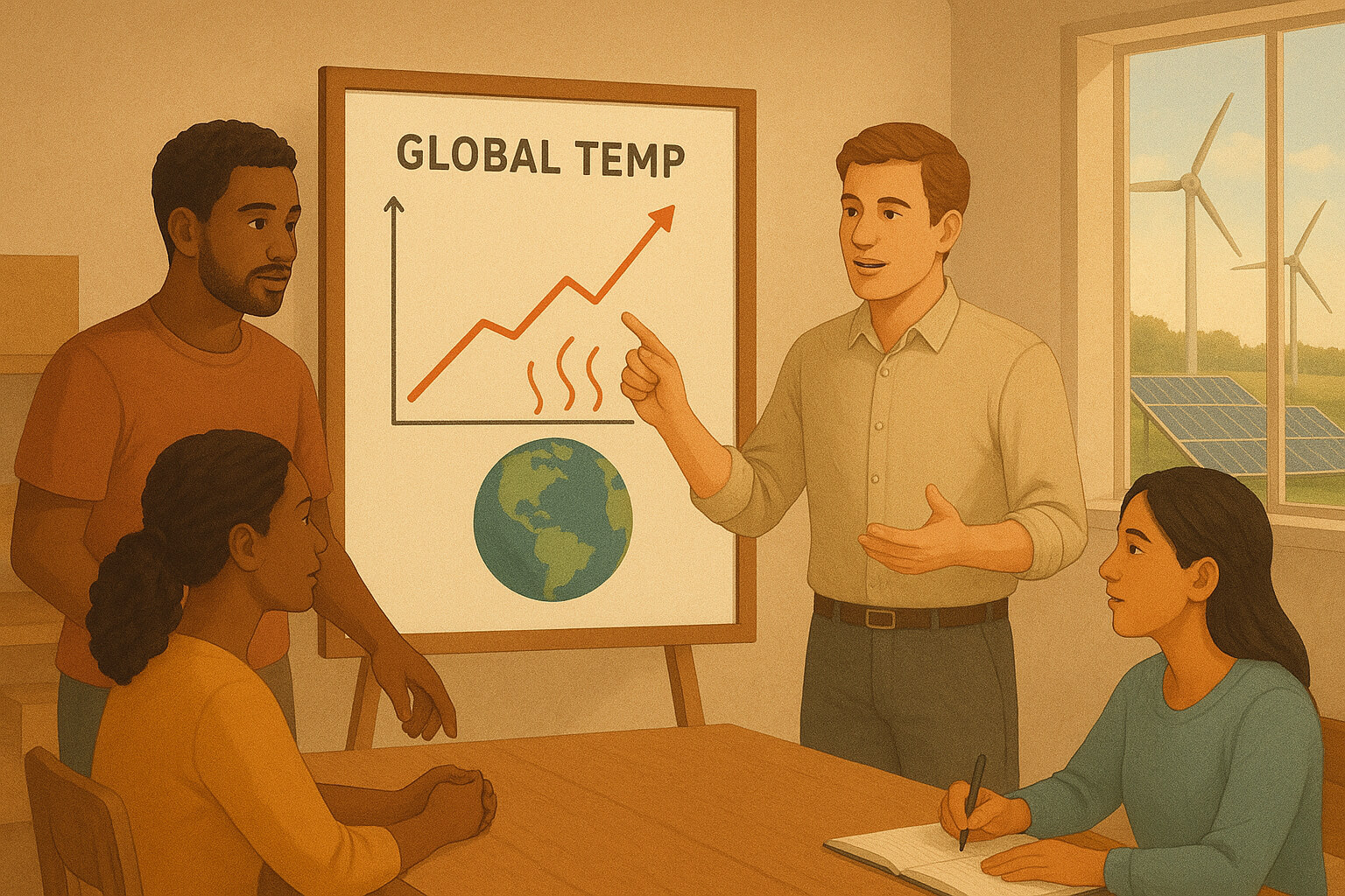 Illustration showing a diverse group of people discussing climate change with charts, wind turbines, and solar panels in the background, symbolizing fact-based solutions to climate myths.