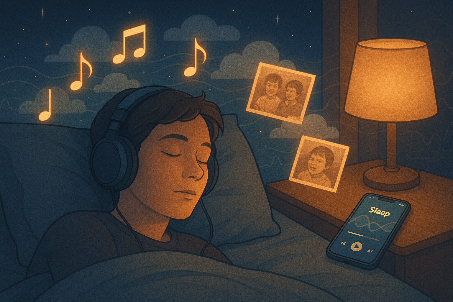 A person sleeping with headphones on, surrounded by soft glowing musical notes and a peaceful night background.