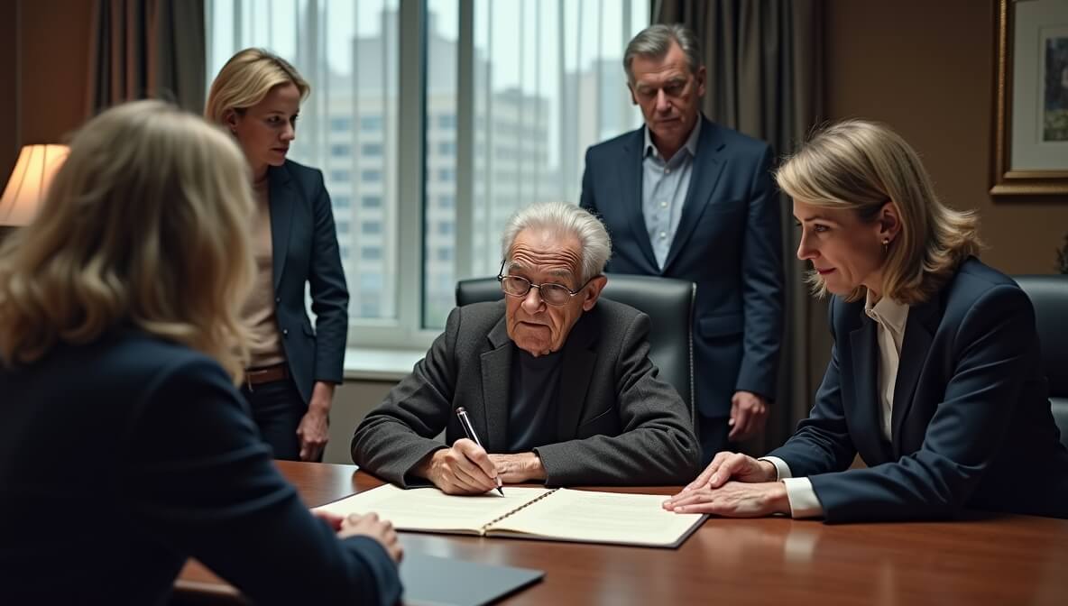 Senior signing a last will and testament with a notary and two witnesses in an office setting.