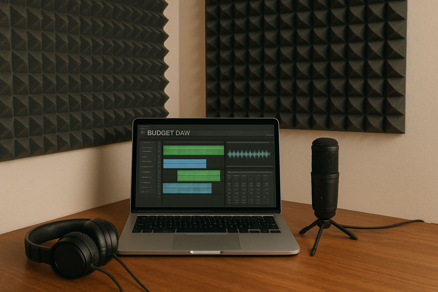 Affordable home music studio with essential recording gear, free software, and DIY acoustic treatments for beginners.