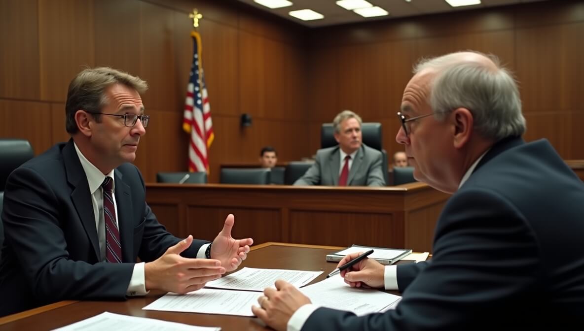Driver and defense attorney presenting a speeding ticket case in a courtroom.