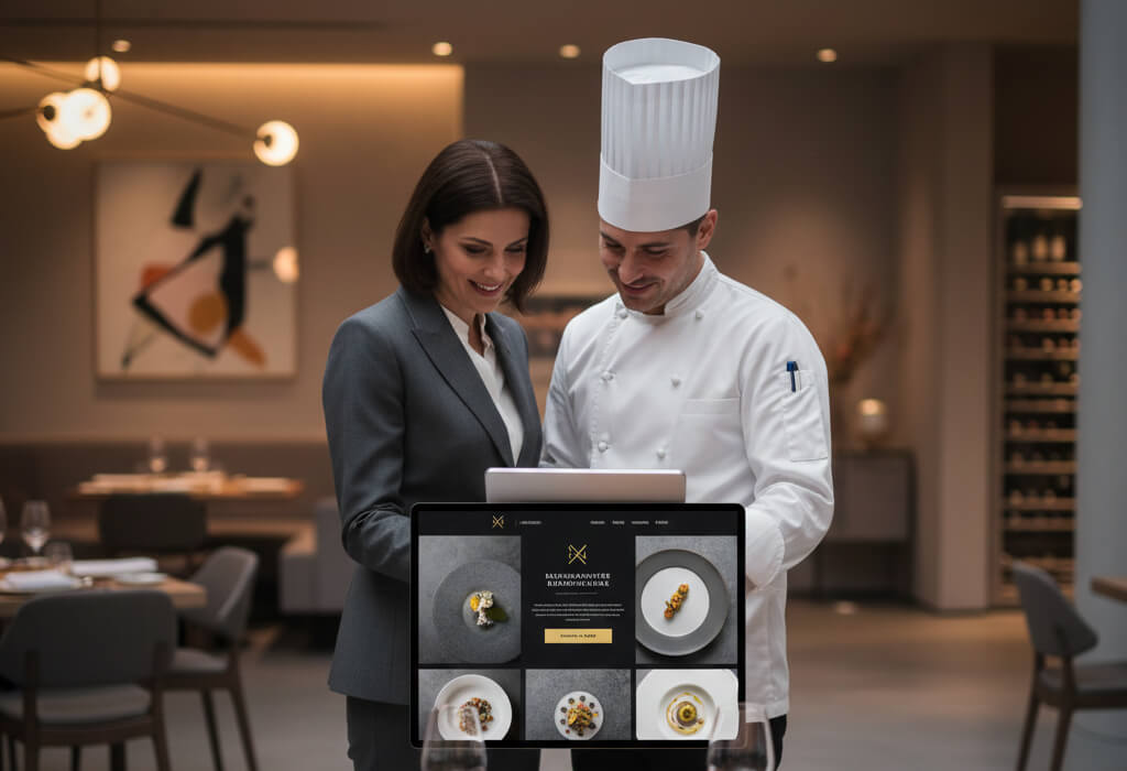Michelin-starred restaurant showcasing refined online branding with a chef and owner reviewing their elegant restaurant website on a tablet.
