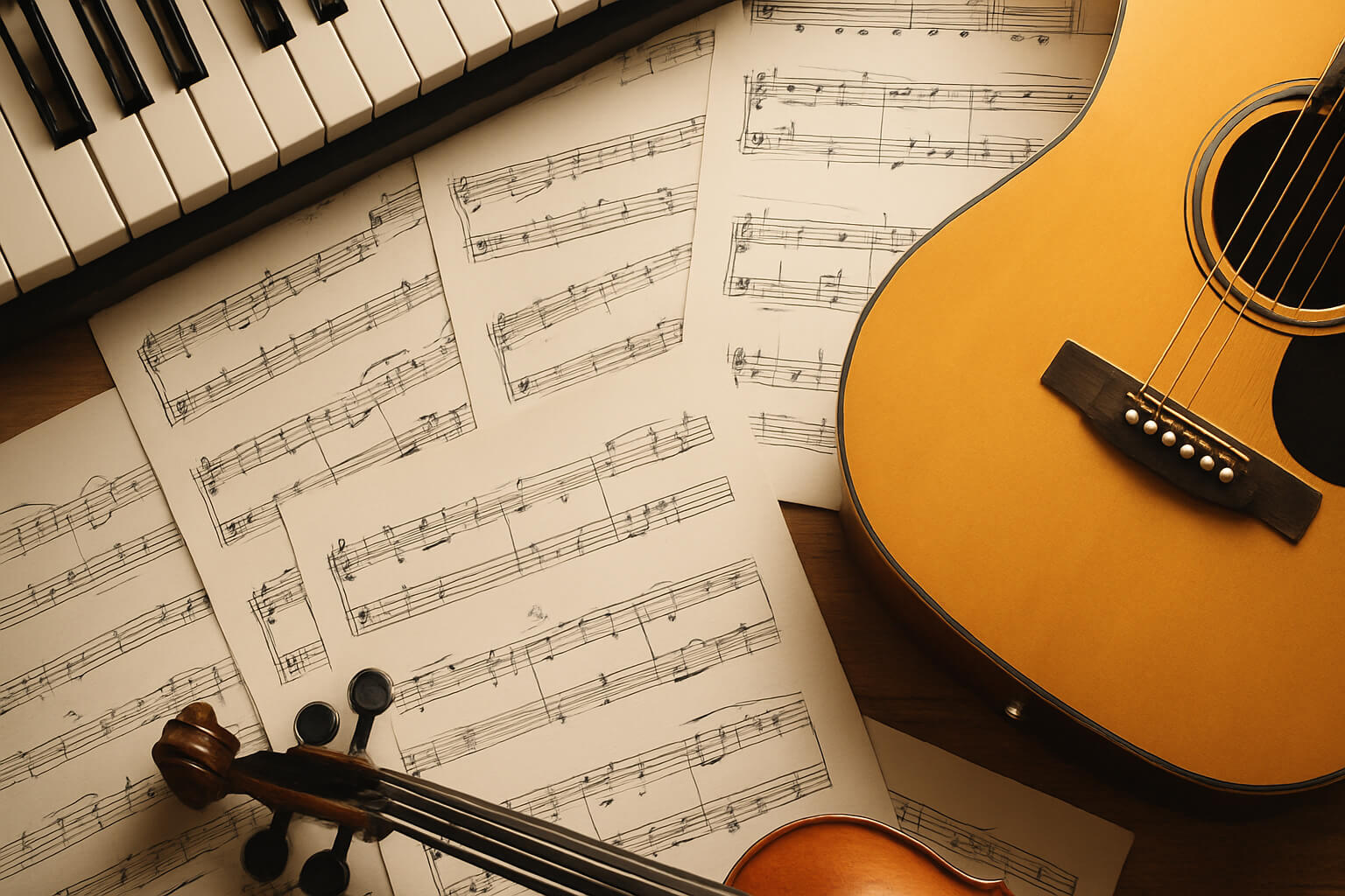 Flat lay of free sheet music with piano, guitar, and violin on a wooden table.
