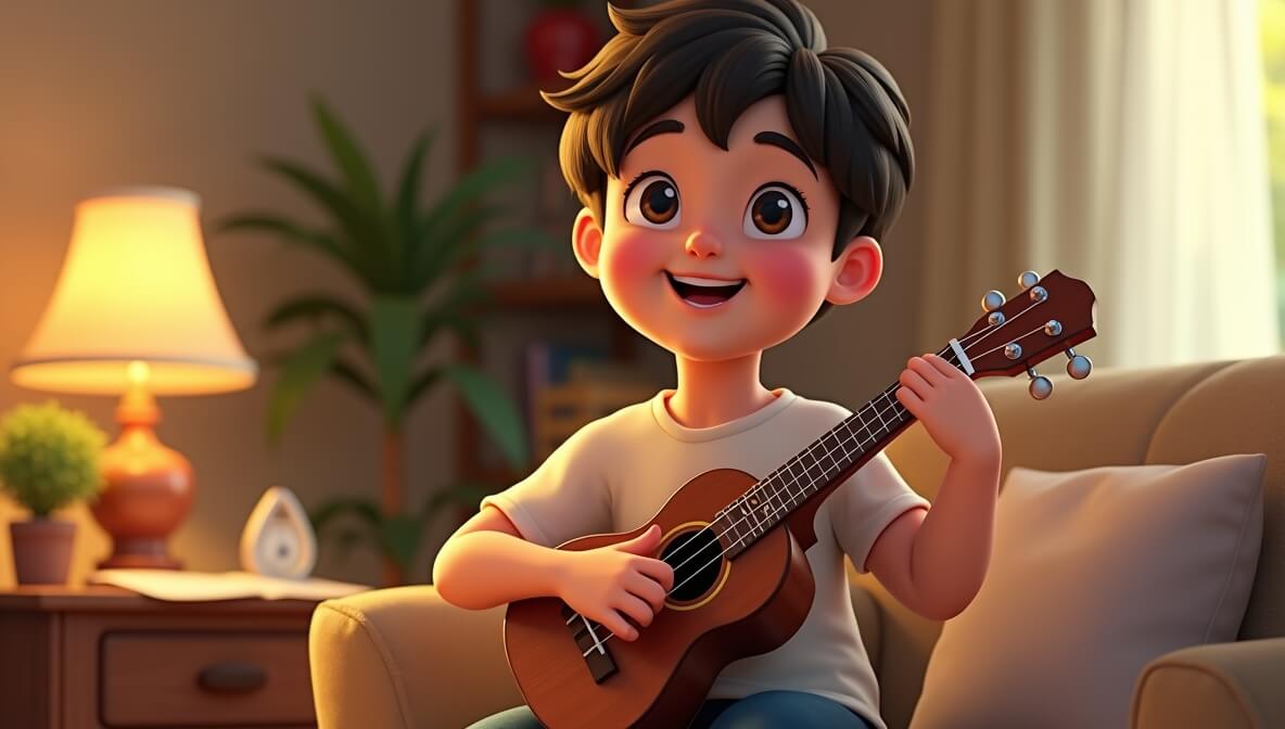 Beginner practicing ukulele warm-up finger exercises.