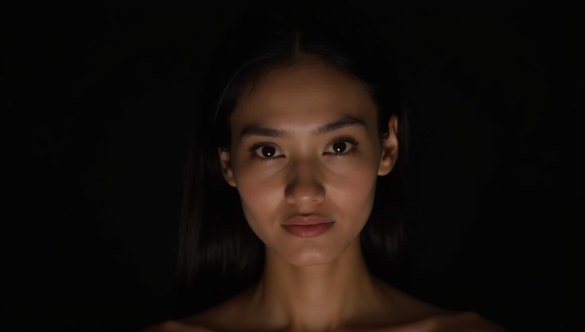 Portrait photo with high tonal contrast, creating dramatic lighting with one side of the face brightly lit and the other side in deep shadow.