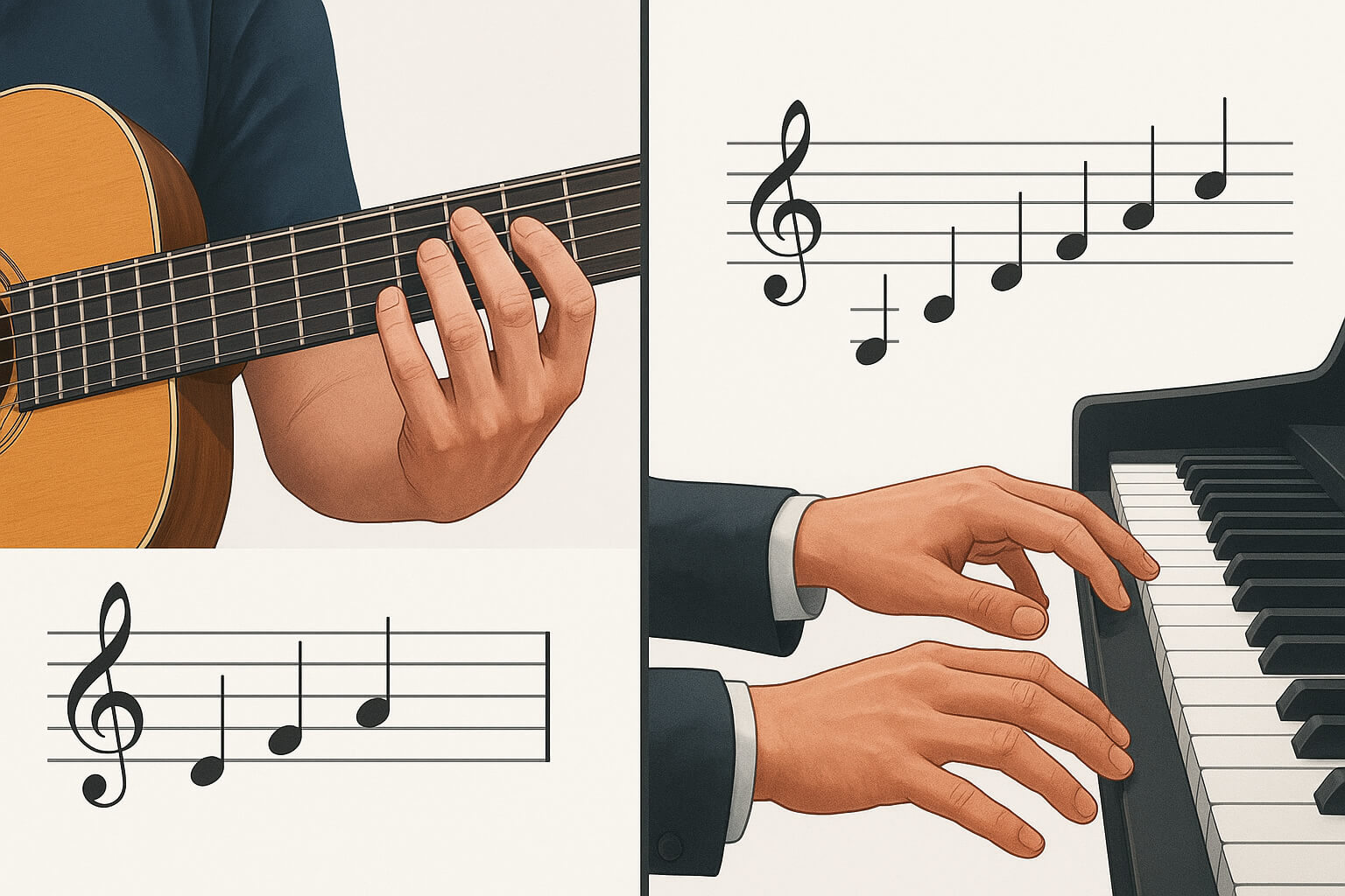 Side-by-side comparison of a chord and an arpeggio, showing a guitarist playing a chord and a pianist playing an arpeggio with flowing notes.