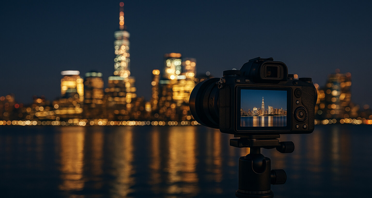 DSLR camera on a tripod capturing a brightly lit city skyline at night, reflecting on water