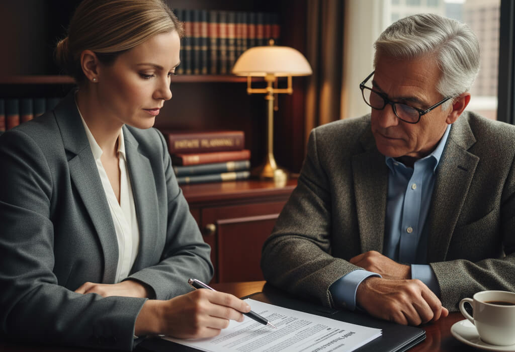 Attorney explaining the details of a HIPAA release form to a client during an estate planning session.