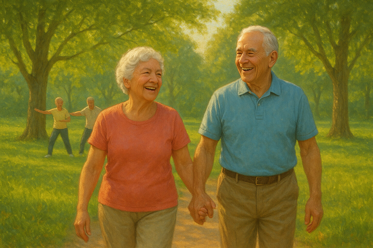Happy senior couple walking outdoors in the park, symbolizing healthy aging through active living and positive lifestyle choices.