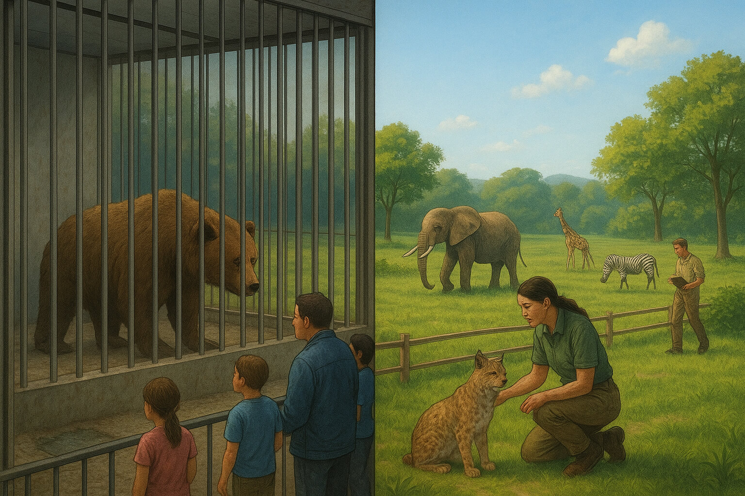Comparison of a zoo enclosure and a wildlife sanctuary, highlighting differences in animal care and environment.