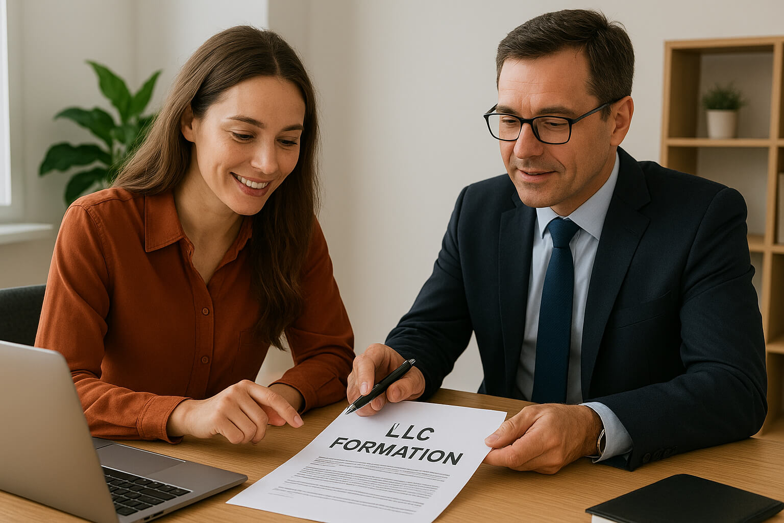 Entrepreneur reviewing LLC formation paperwork with a business attorney.