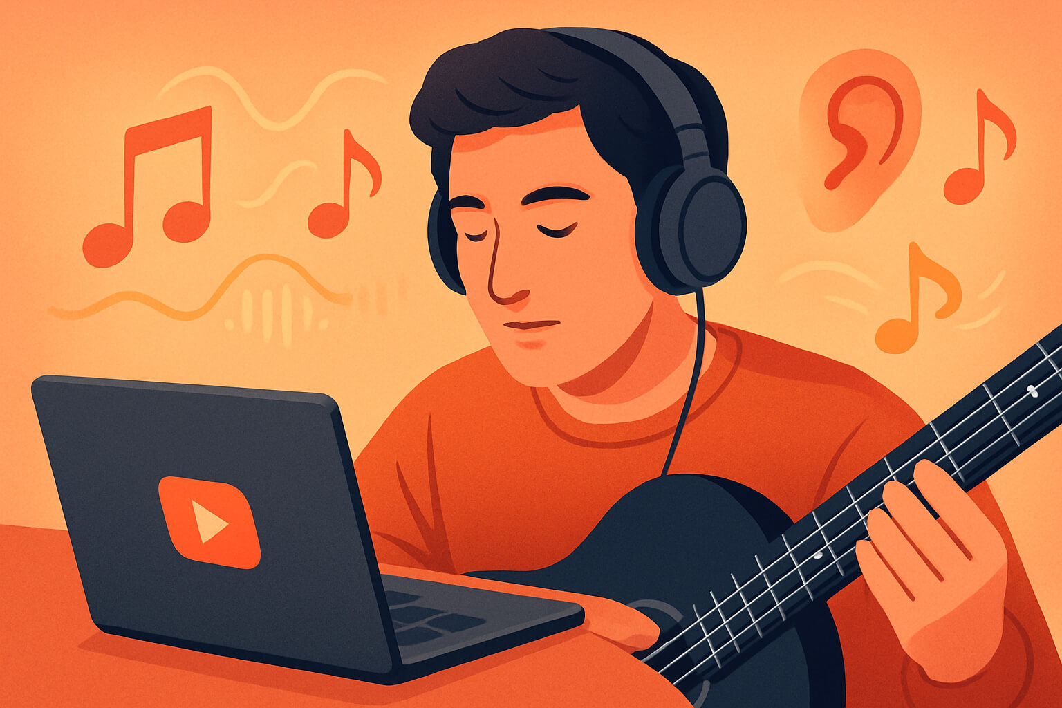 Beginner musician wearing headphones, playing an instrument while listening to a song on a laptop, with floating musical notes and sound wave graphics representing ear training.