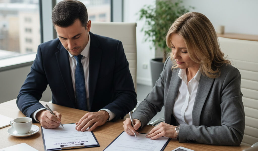 Business partners reviewing and signing a partnership agreement in a modern office setting.