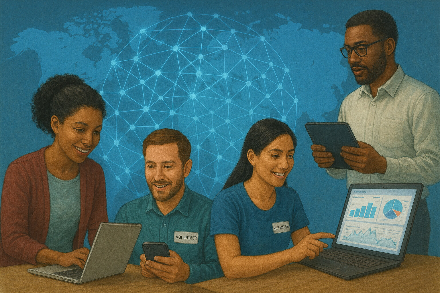 Illustration of non-profit workers using laptops, smartphones, and digital tools to collaborate, fundraise, and advocate for social causes.