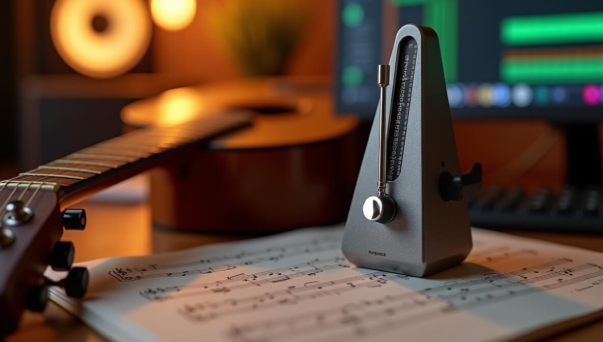 Metronome and DAW screen showing BPM with guitar and sheet music in a home studio.