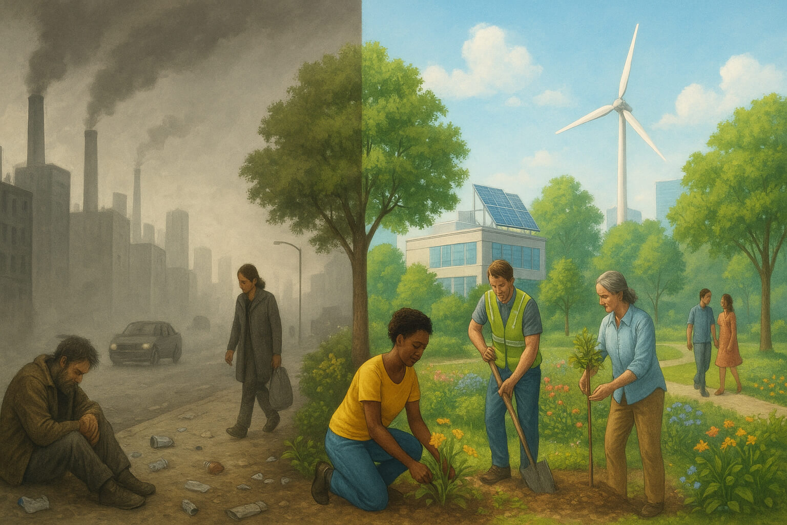 City transforming from polluted to green and sustainable, with communities working together for environmental hope.