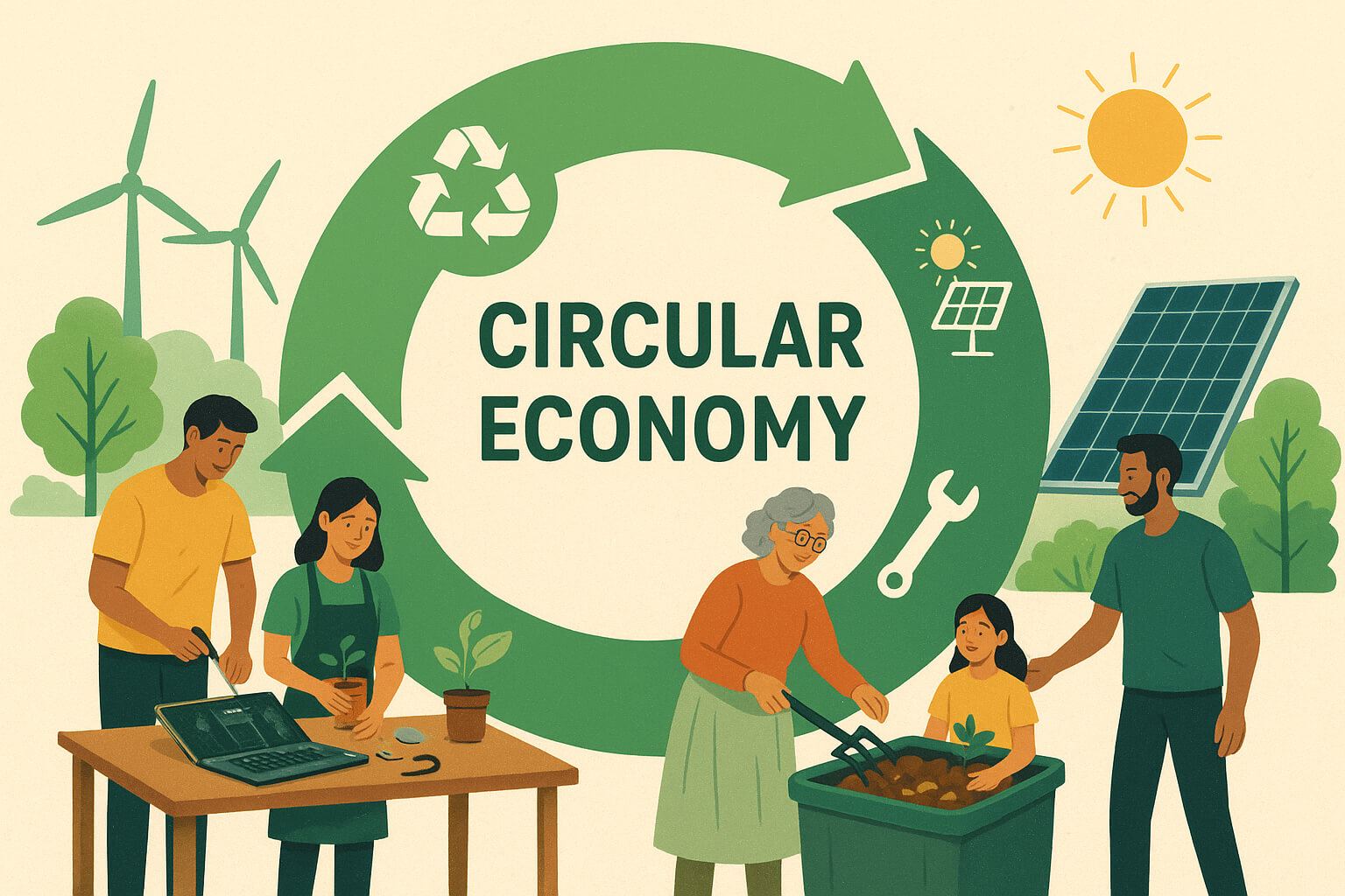 Illustration of a circular economy cycle showing reuse, recycling, and sustainable resource management.