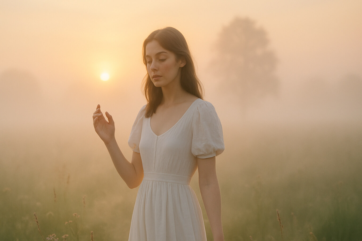Ethereal portrait of a woman in soft golden light with dreamy fog and pastel tones.
