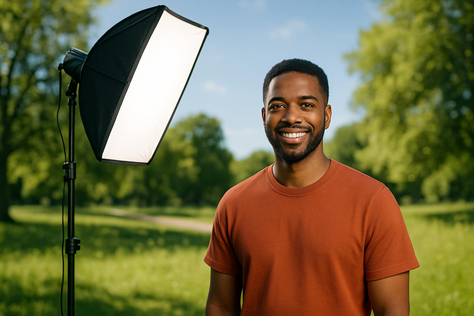 Outdoor portrait using professional flash setup in bright daylight.