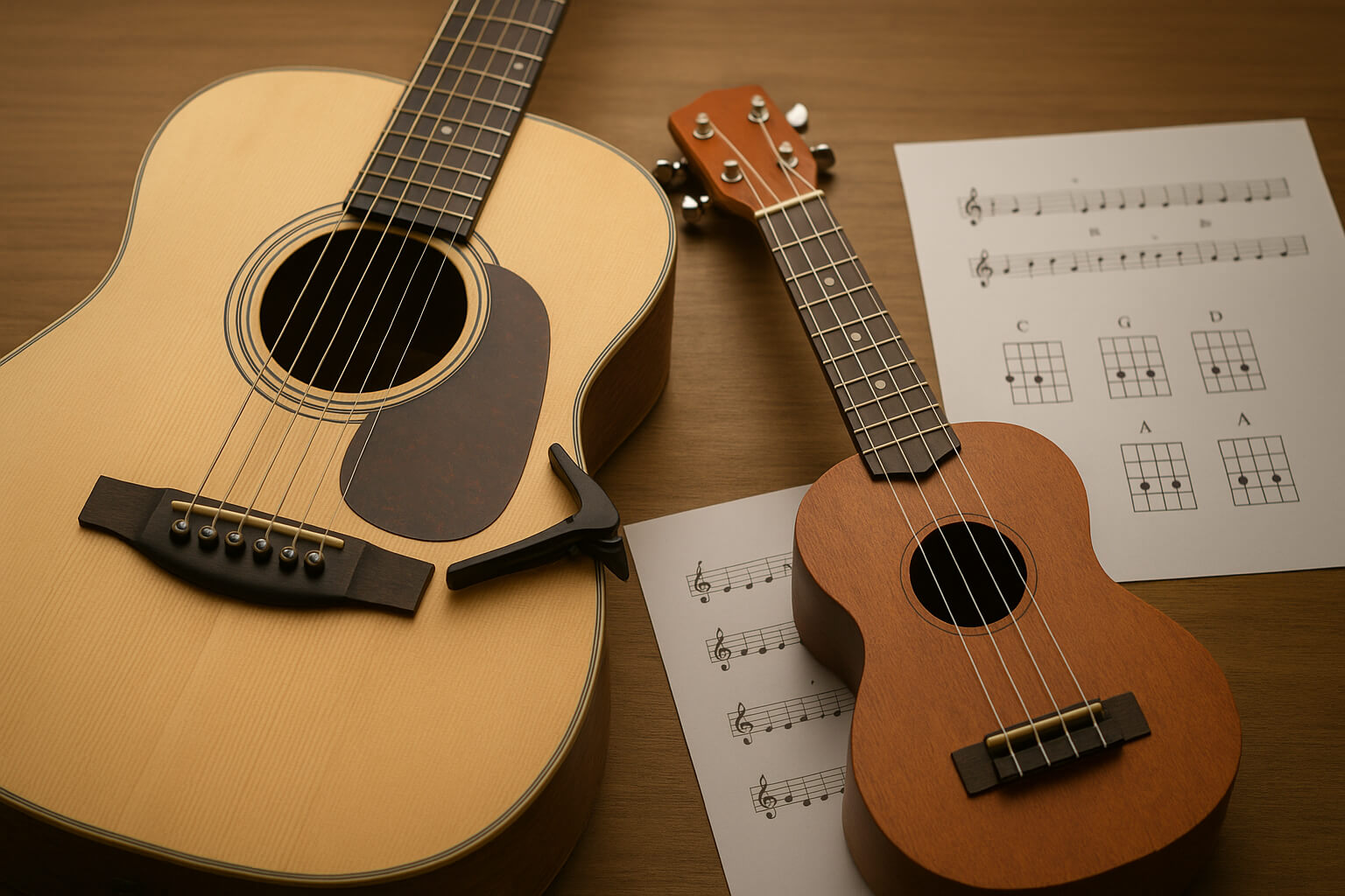 Guitar and ukulele with capo on the 3rd fret, accompanied by chord charts and sheet music.