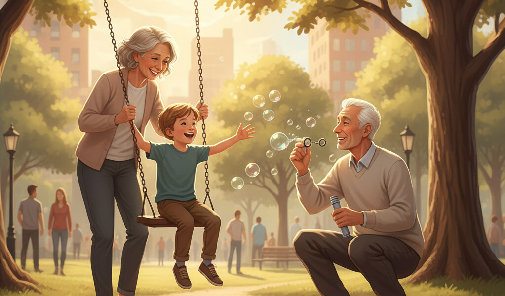 Grandparents enjoying quality time with their grandchild in a park, representing visitation rights.