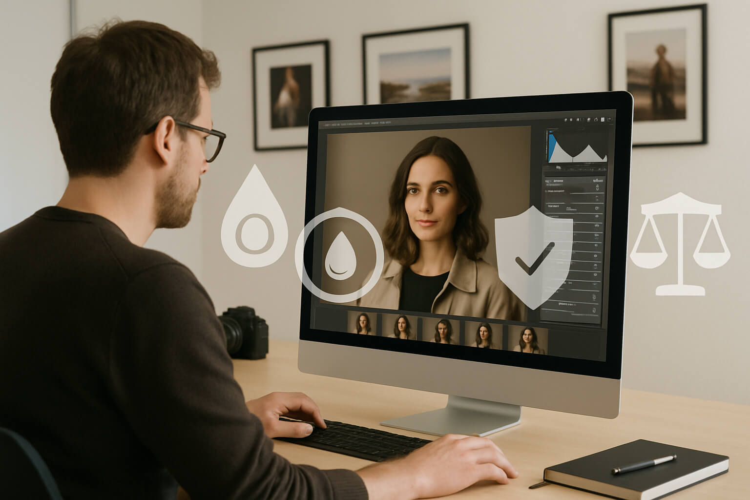 Photographer reviewing images on a computer with copyright protection icons overlayed in a creative studio.