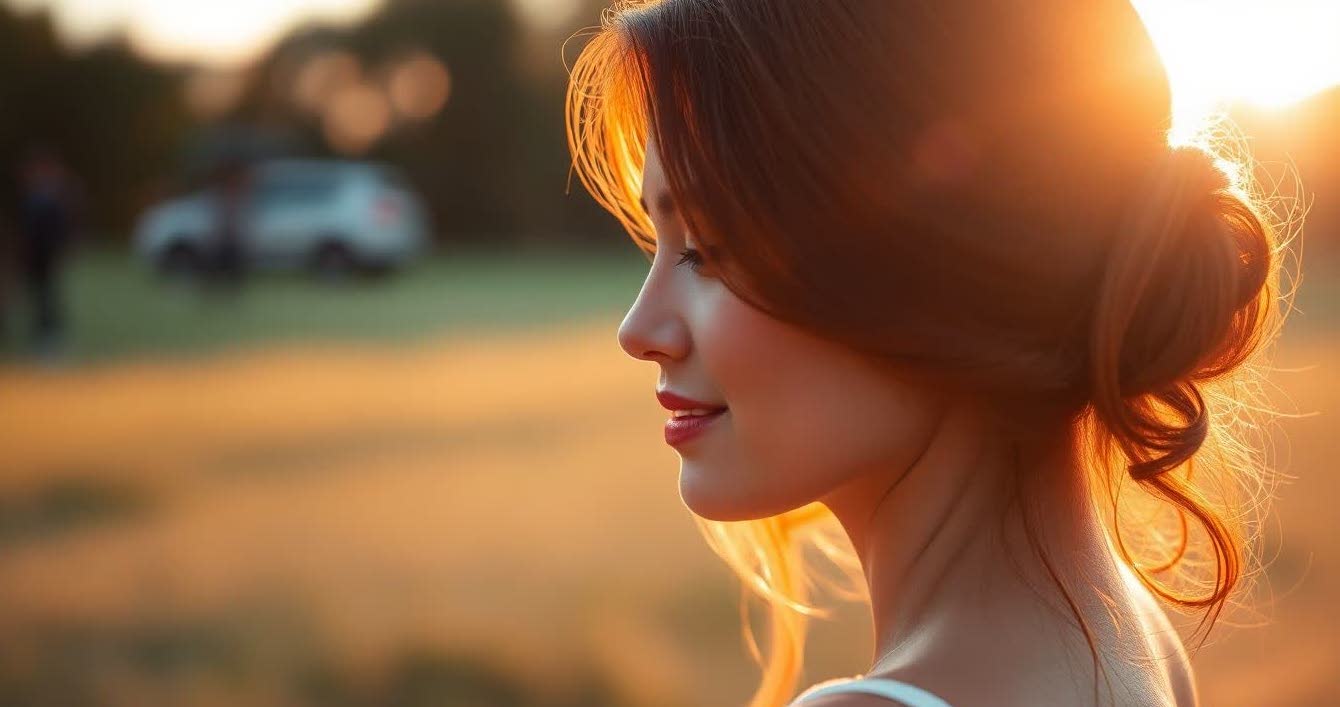 Romantic outdoor portrait with golden-hour light and dreamy soft-focus effect.