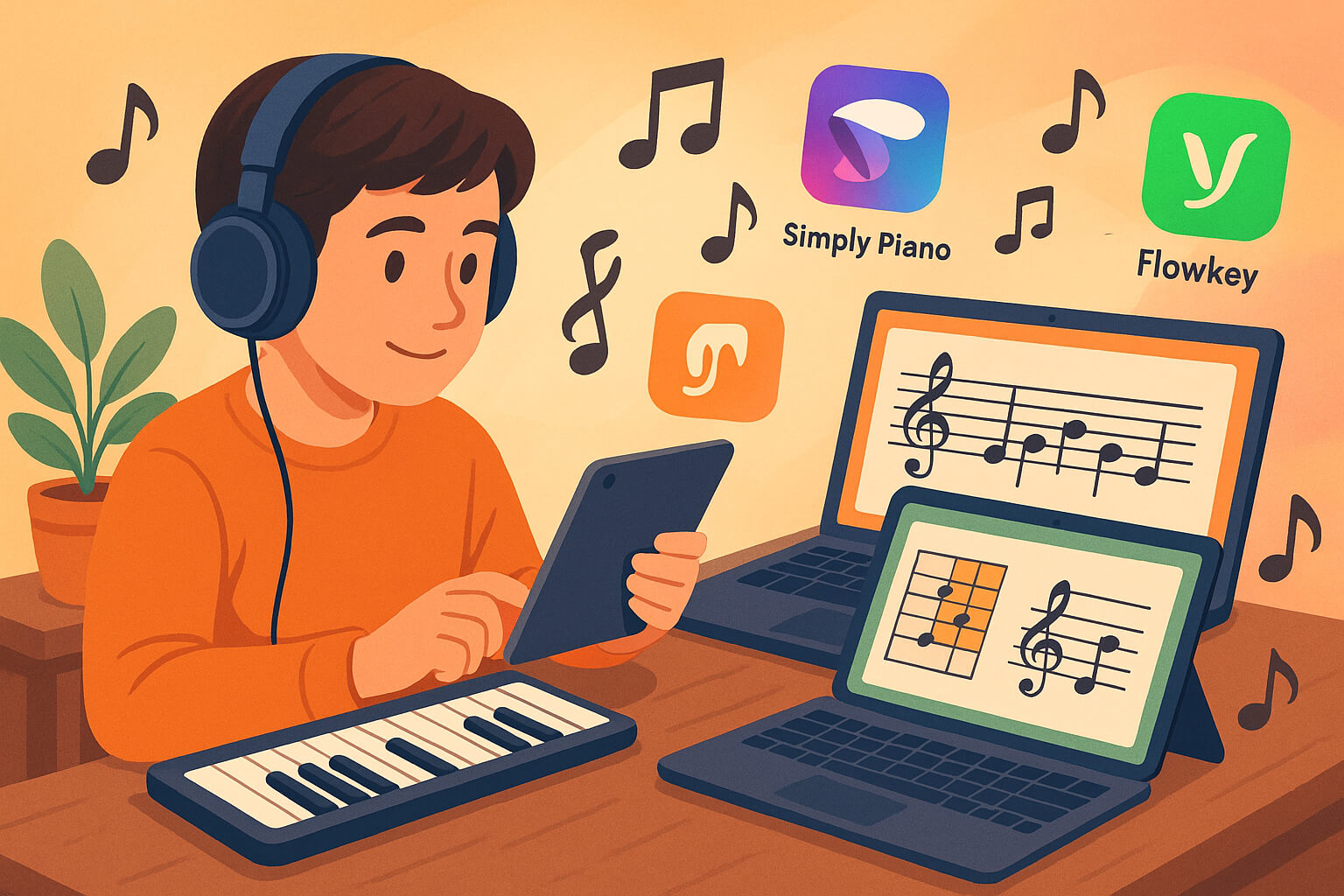 Beginner musician practicing with tablet and laptop displaying music learning apps, surrounded by musical notes and app icons in a home learning environment.