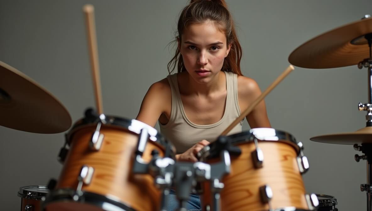 Young drummer practicing on an acoustic kit in a music studio.
