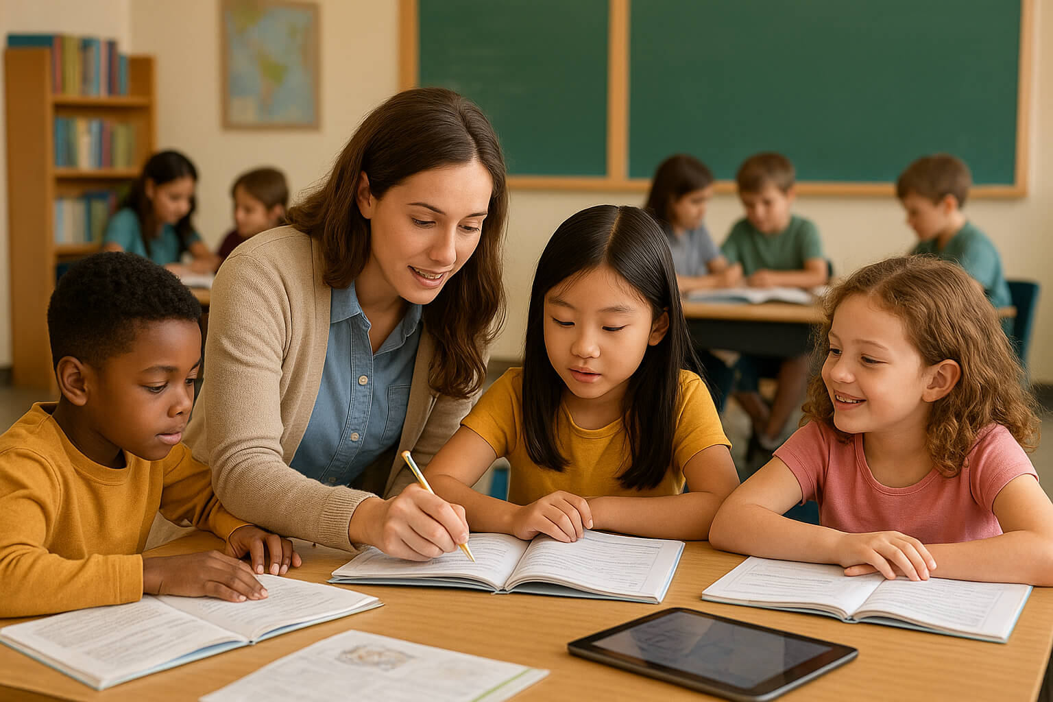 Teacher working with a small group of students using books and tablets to address learning gaps through targeted instruction.