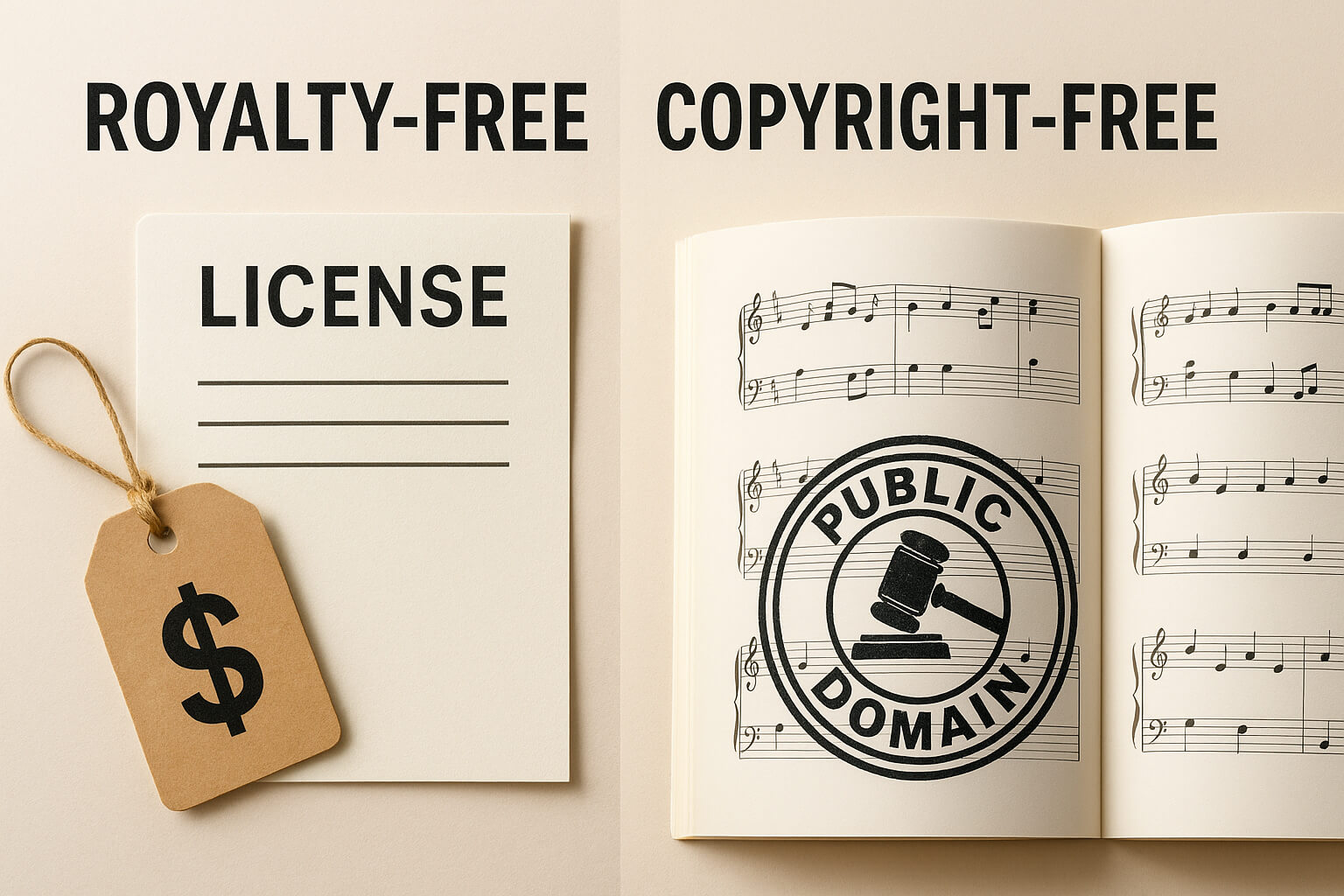 Split-screen comparison of royalty-free music with license document and copyright-free music with public domain stamp.