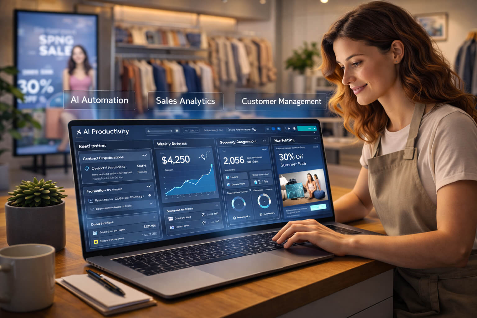 Retail store owner using AI tools to improve productivity and business operations
