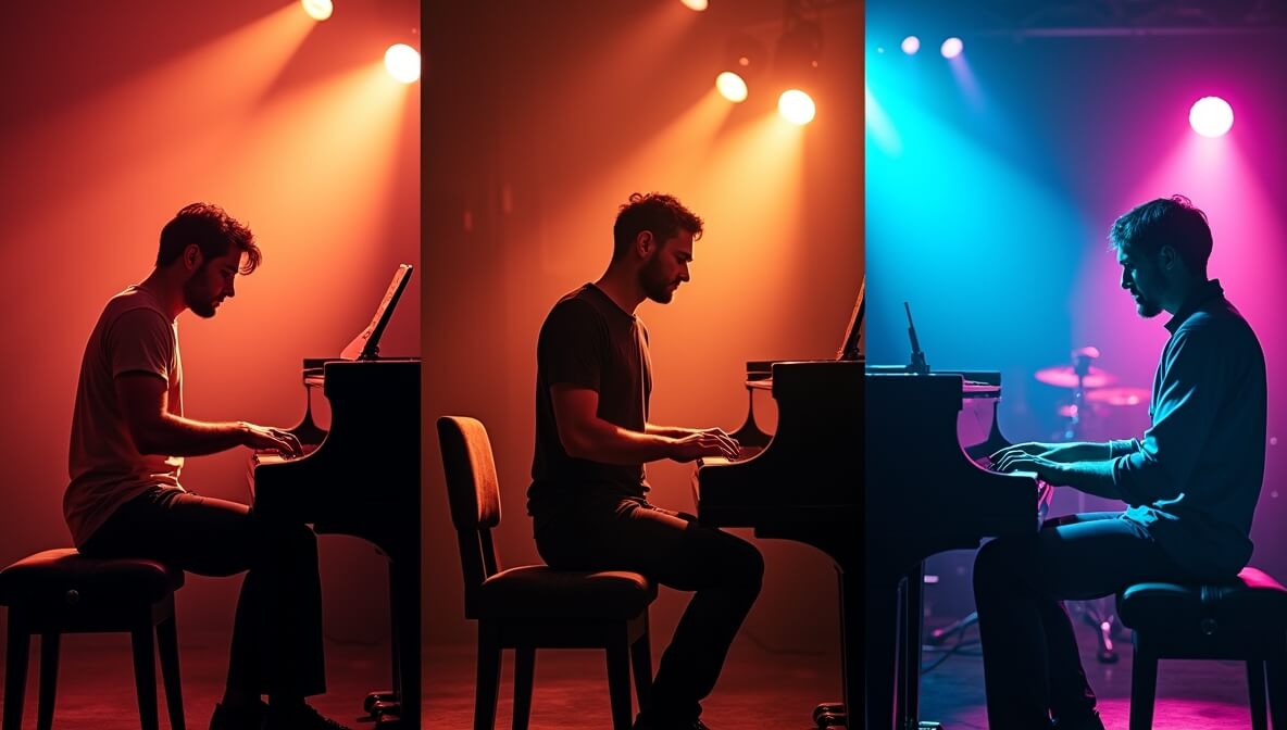 Pianists performing in classical, jazz, and pop styles side by side.