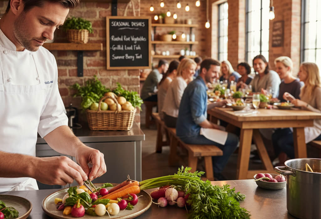 Chef arranging fresh farm-to-table ingredients in a modern restaurant, highlighting seasonal and local produce.