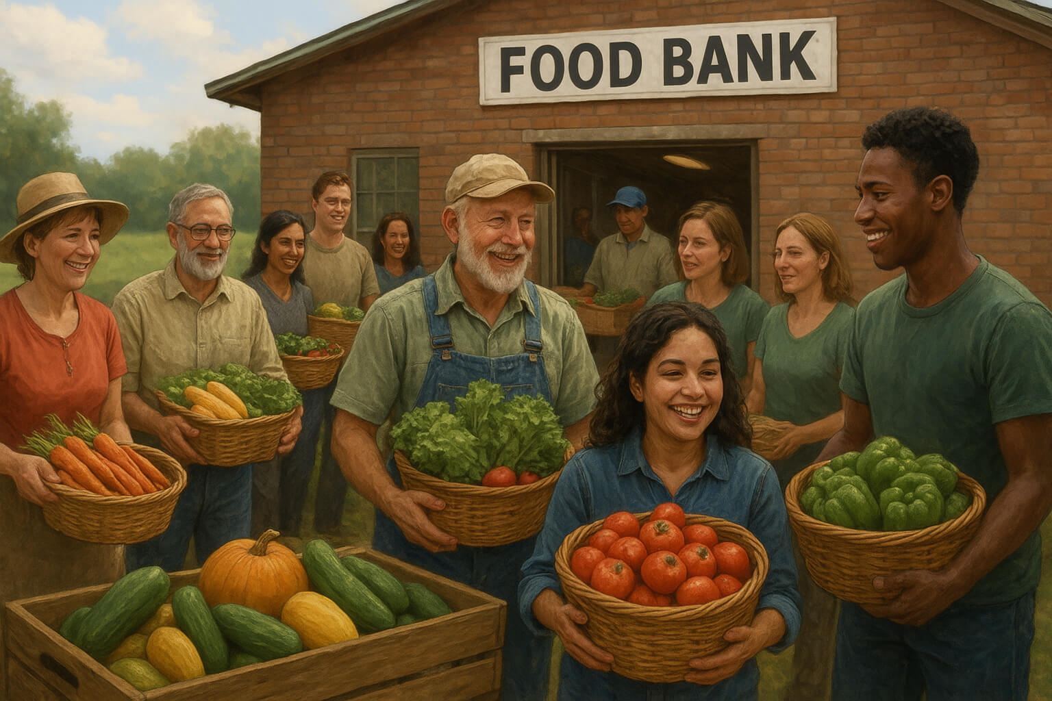 Volunteers and farmers collecting surplus produce to distribute at a food bank, promoting food waste reduction and hunger relief.