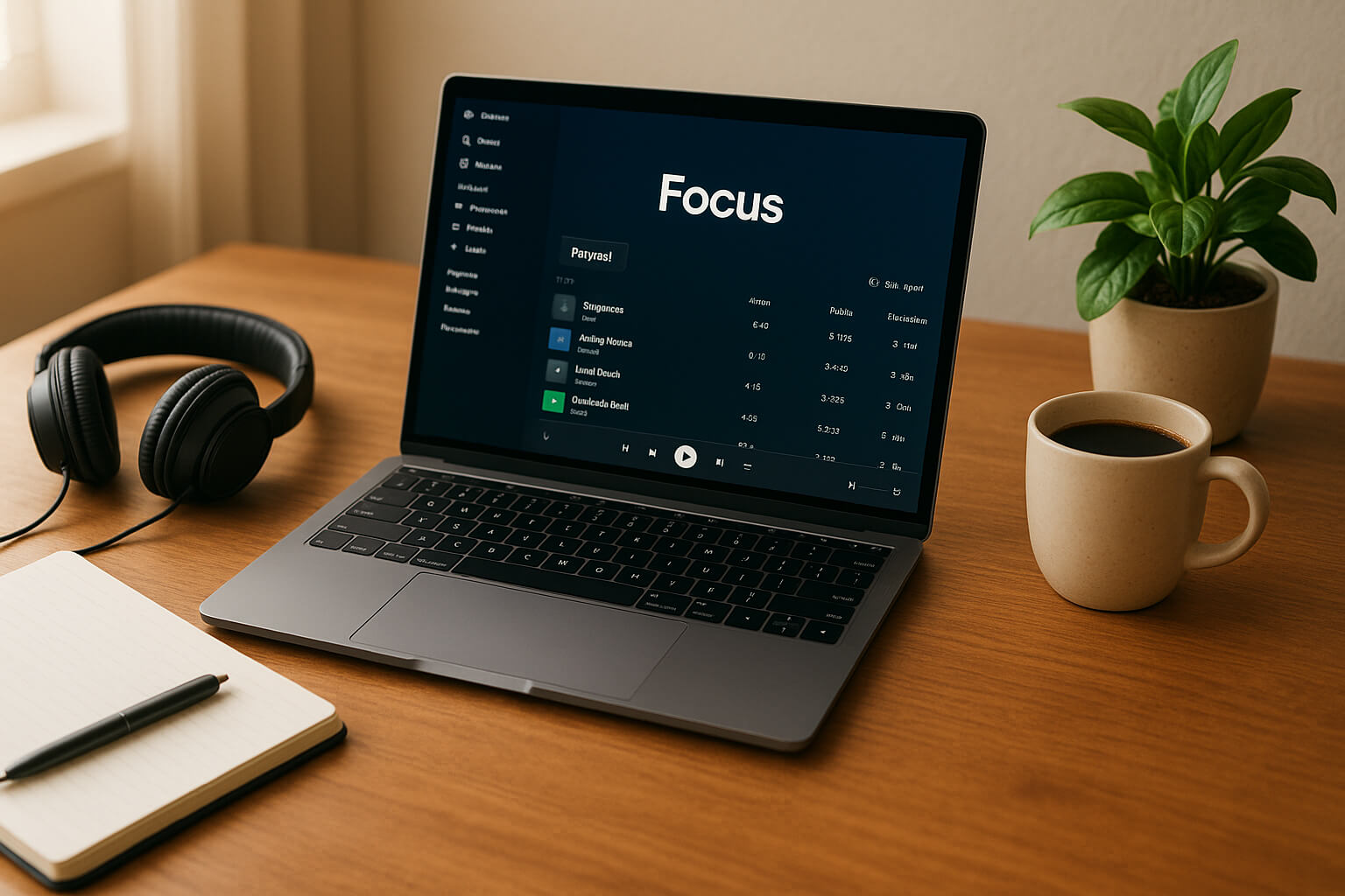 Desk with headphones and laptop playing study music. Lo-fi beats and classical music playlist for focus.