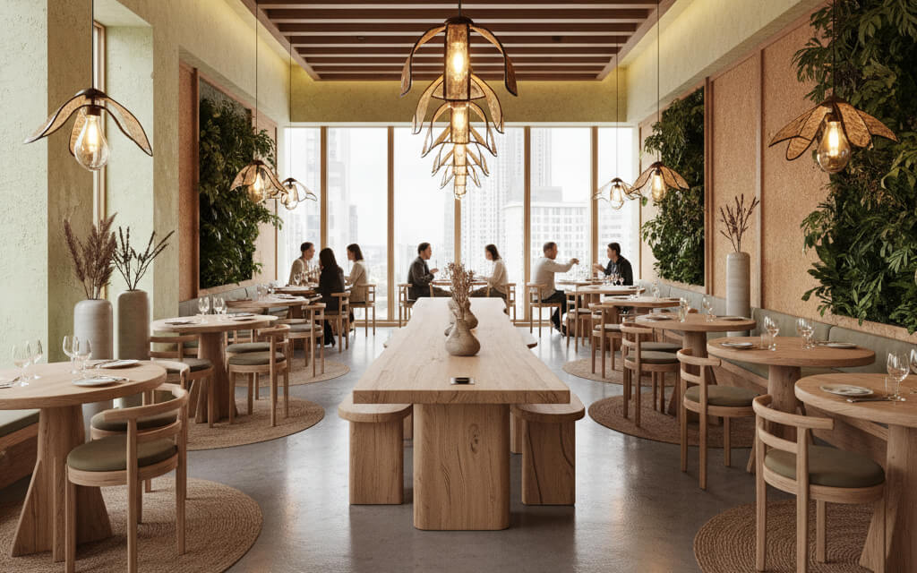 Modern sustainable restaurant interior design with mood lighting and natural materials — 2025 décor trends.