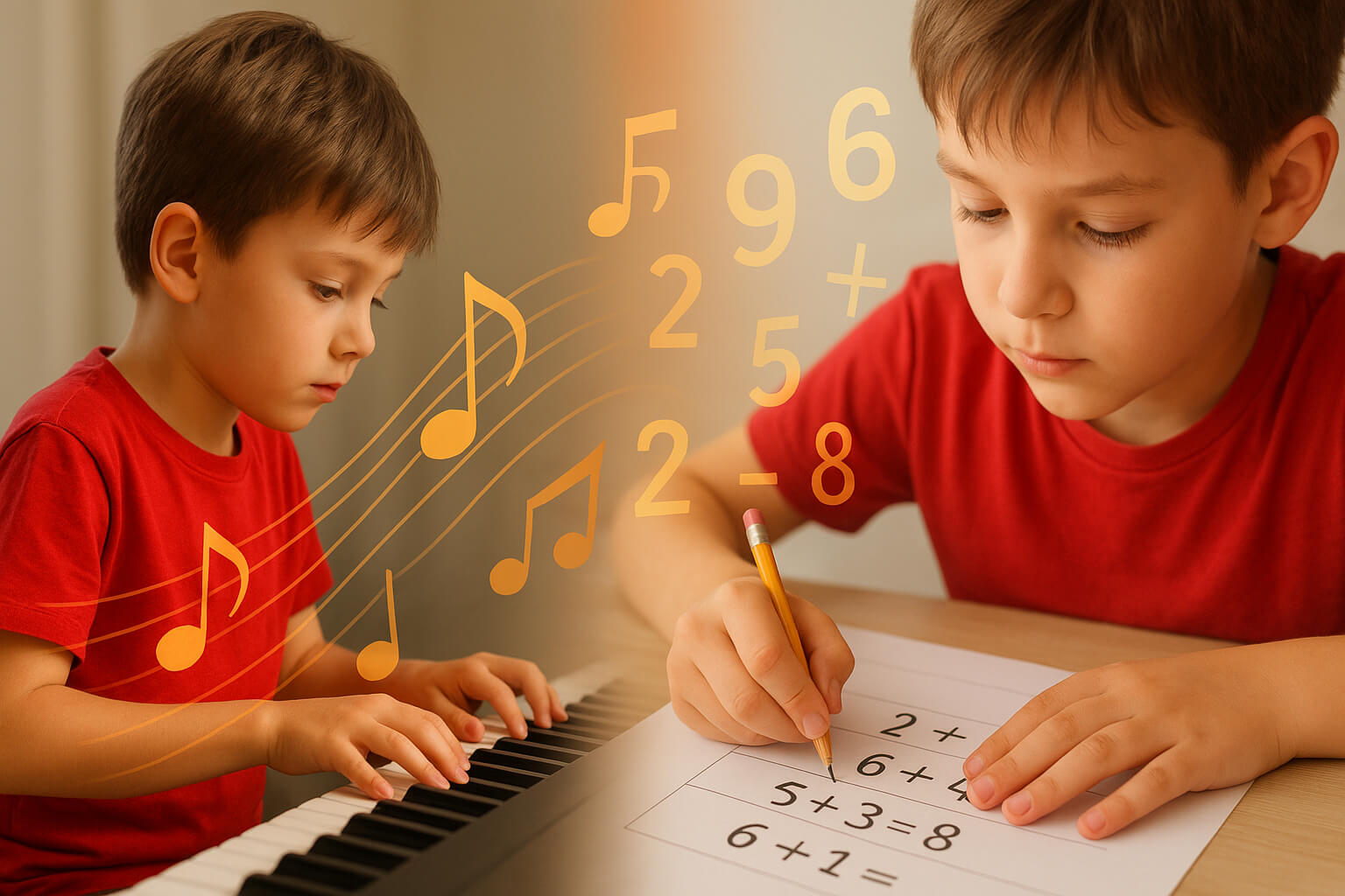 Child learning piano while improving math skills through rhythm and patterns.