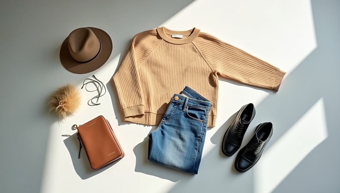 Flat lay photo of clothing with soft natural lighting, showing a neatly arranged outfit with a sweater, jeans, shoes, and accessories.