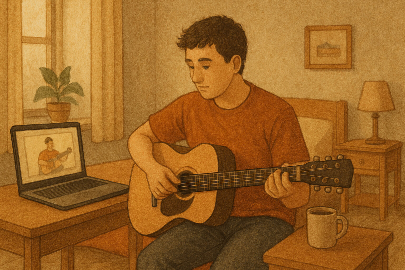 Beginner guitarist learning online with a laptop lesson open.