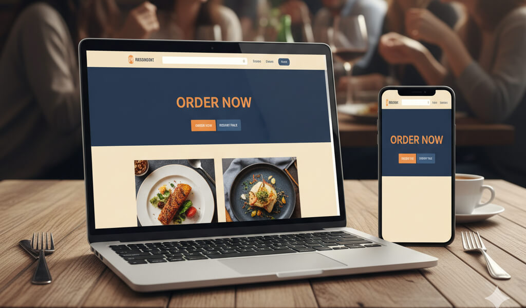 Laptop and smartphone showing restaurant website with order and reservation options, converting visitors into paying diners.